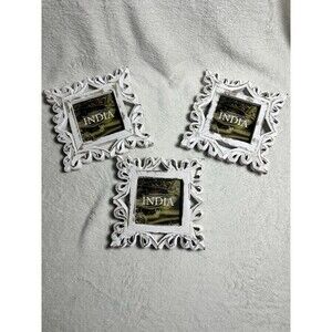 Set of 3 Handcrafted India Distressed White Wood 4x4 Picture Frames Shabby Chic